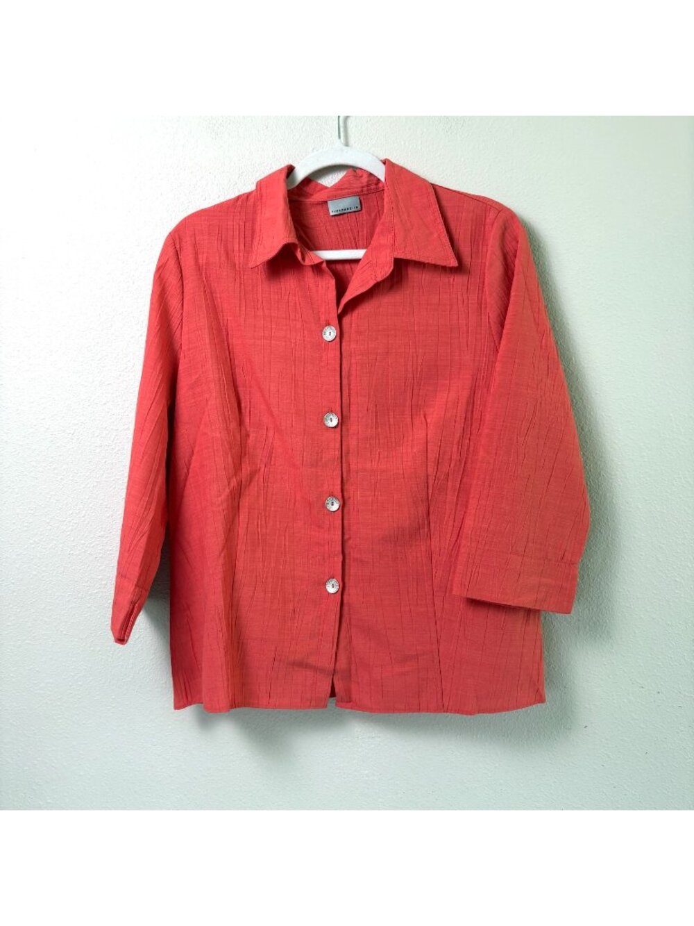 Finnkarelia Button Front Crinkle Top Size 14 Orange Coral 3/4 Sleeve Linen Blend